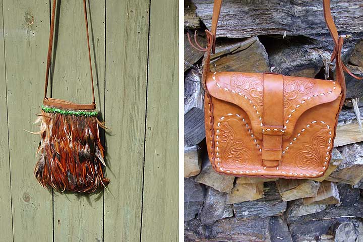 Federtasche mit Wildleder und Glasperlenbesatz / Handgenähte Ledertasche, Südamerika